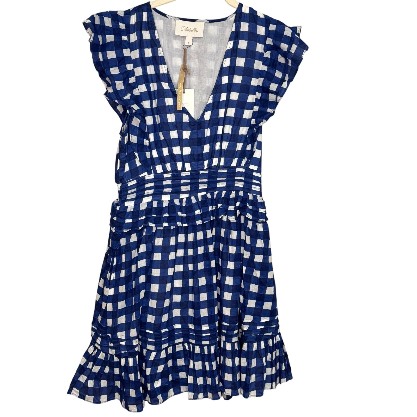 Cleobella Benny Mini Dress Size Small NEW Blue White $250 Ruffle Sleeve Smocked - Flair - Style