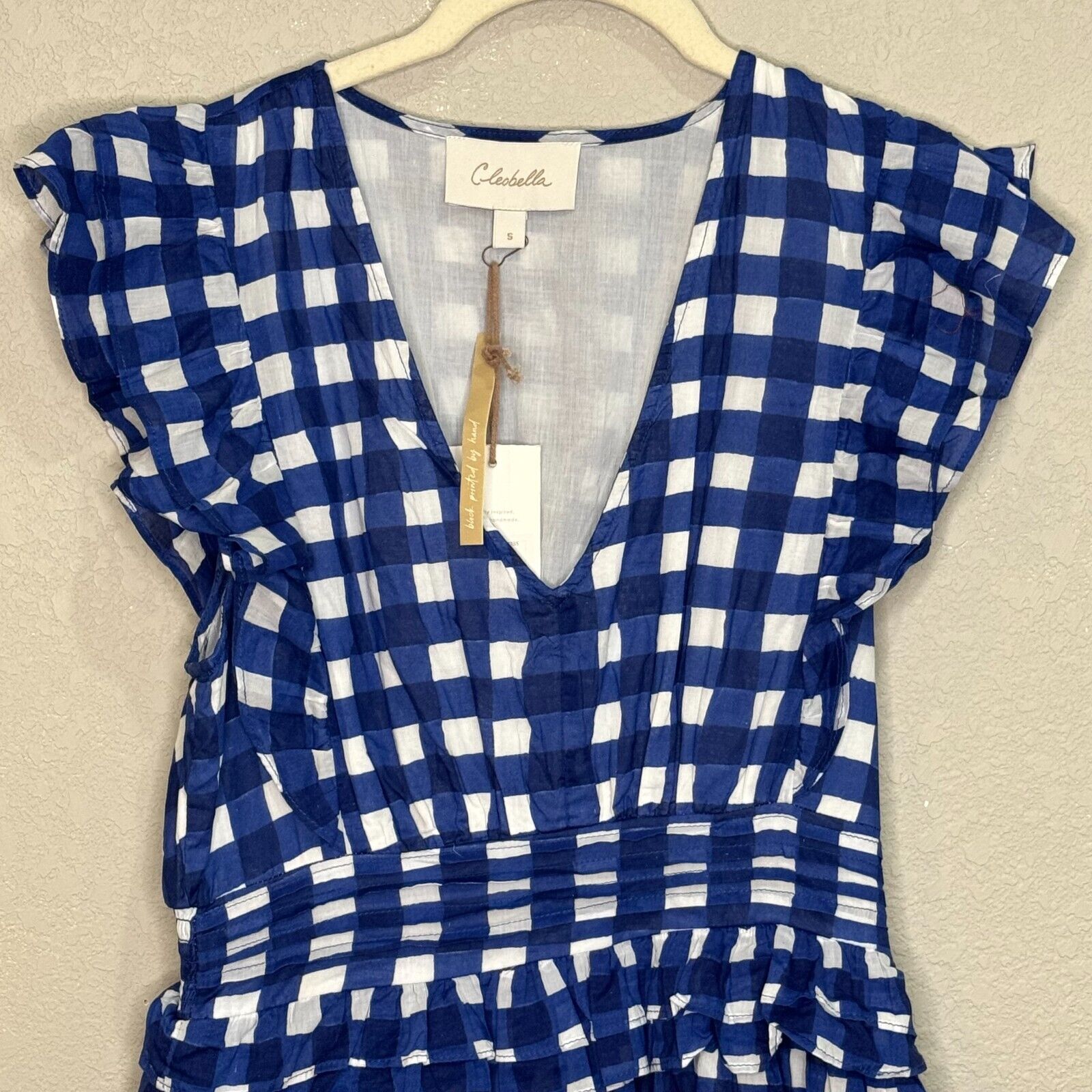 Cleobella Benny Mini Dress Size Small NEW Blue White $250 Ruffle Sleeve Smocked - Flair - Style