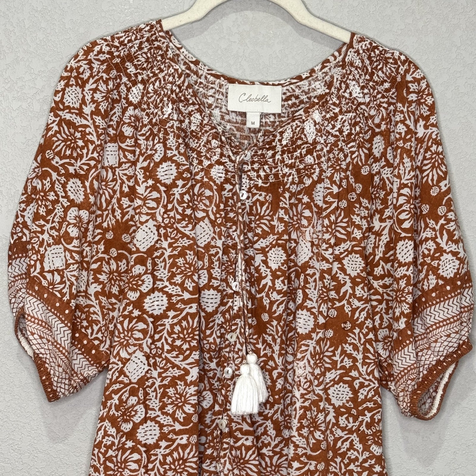 Cleobella Blouse Womens Medium Brown White Boho Floral Print Organic Cotton Top - Flair - Style