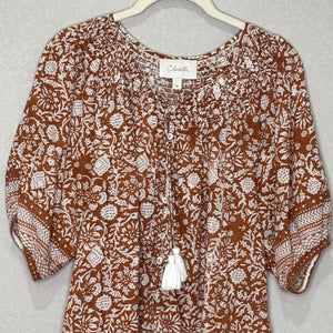 Cleobella Blouse Womens Medium Brown White Boho Floral Print Organic Cotton Top - Flair - Style