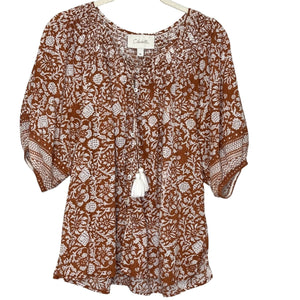 Cleobella Blouse Womens Medium Brown White Boho Floral Print Organic Cotton Top - Flair - Style