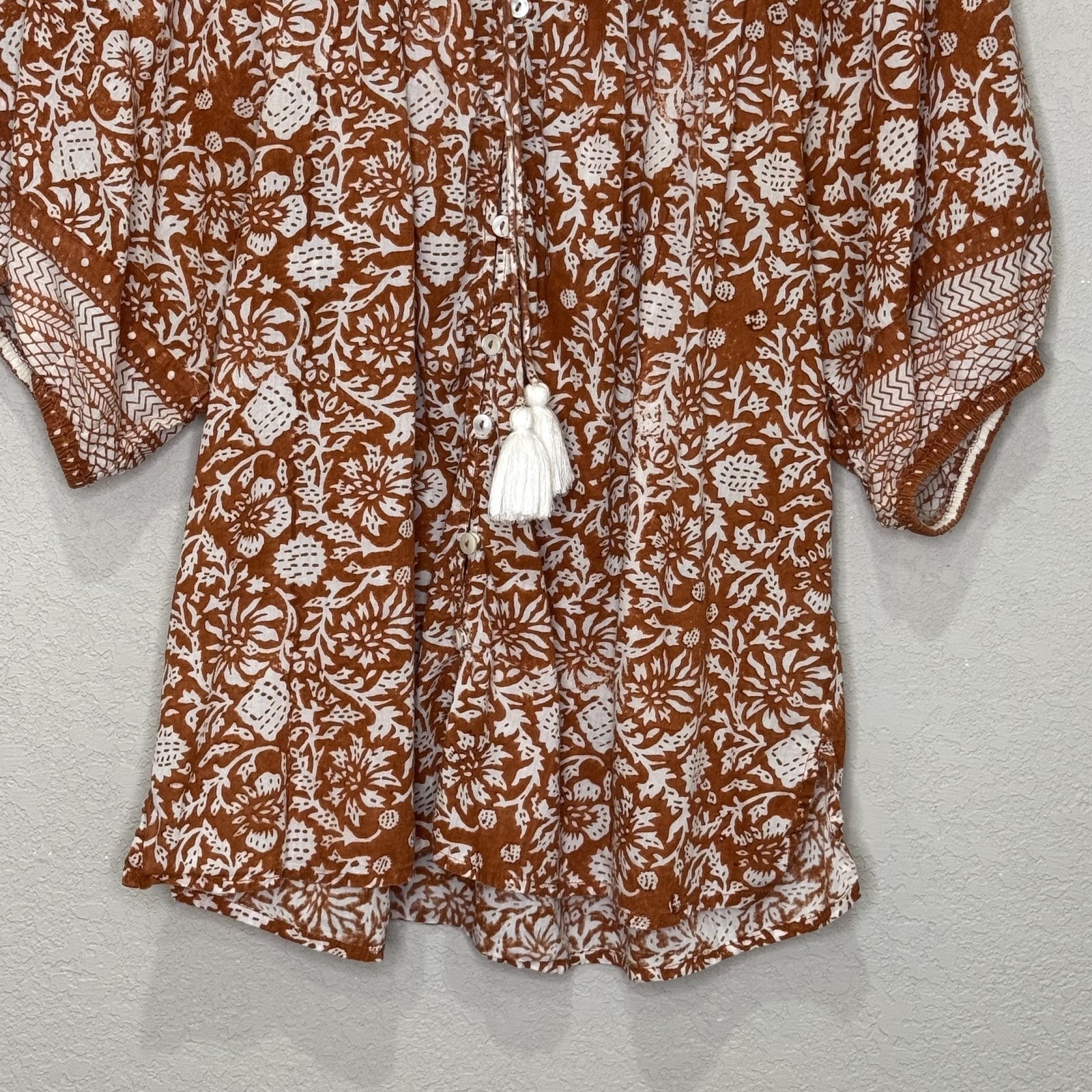 Cleobella Blouse Womens Medium Brown White Boho Floral Print Organic Cotton Top - Flair - Style