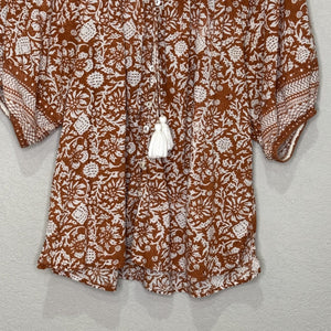 Cleobella Blouse Womens Medium Brown White Boho Floral Print Organic Cotton Top - Flair - Style