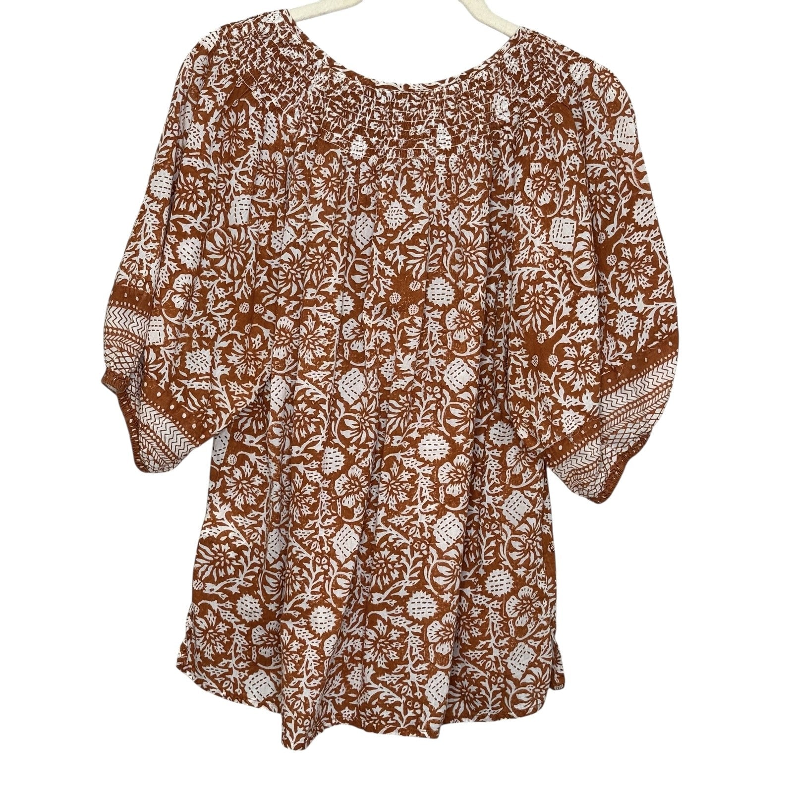 Cleobella Blouse Womens Medium Brown White Boho Floral Print Organic Cotton Top - Flair - Style