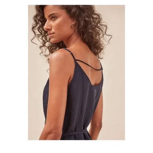 Cuyana Wrap Dress Size Small Navy Blue Linen Viscose Sleeveless - Flair - Style