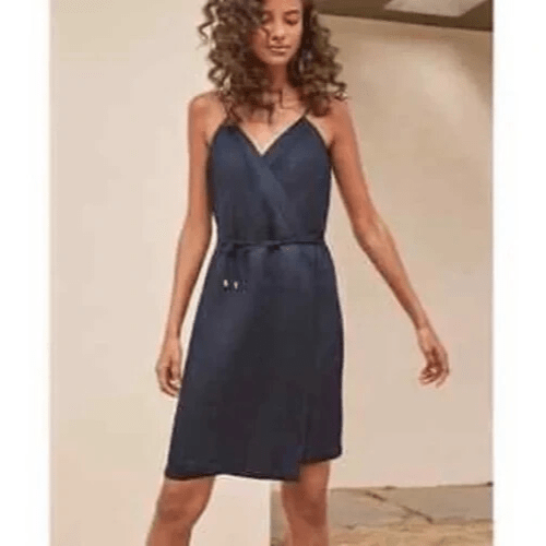Cuyana Wrap Dress Size Small Navy Blue Linen Viscose Sleeveless - Flair - Style