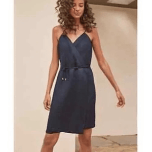 Cuyana Wrap Dress Size Small Navy Blue Linen Viscose Sleeveless - Flair - Style