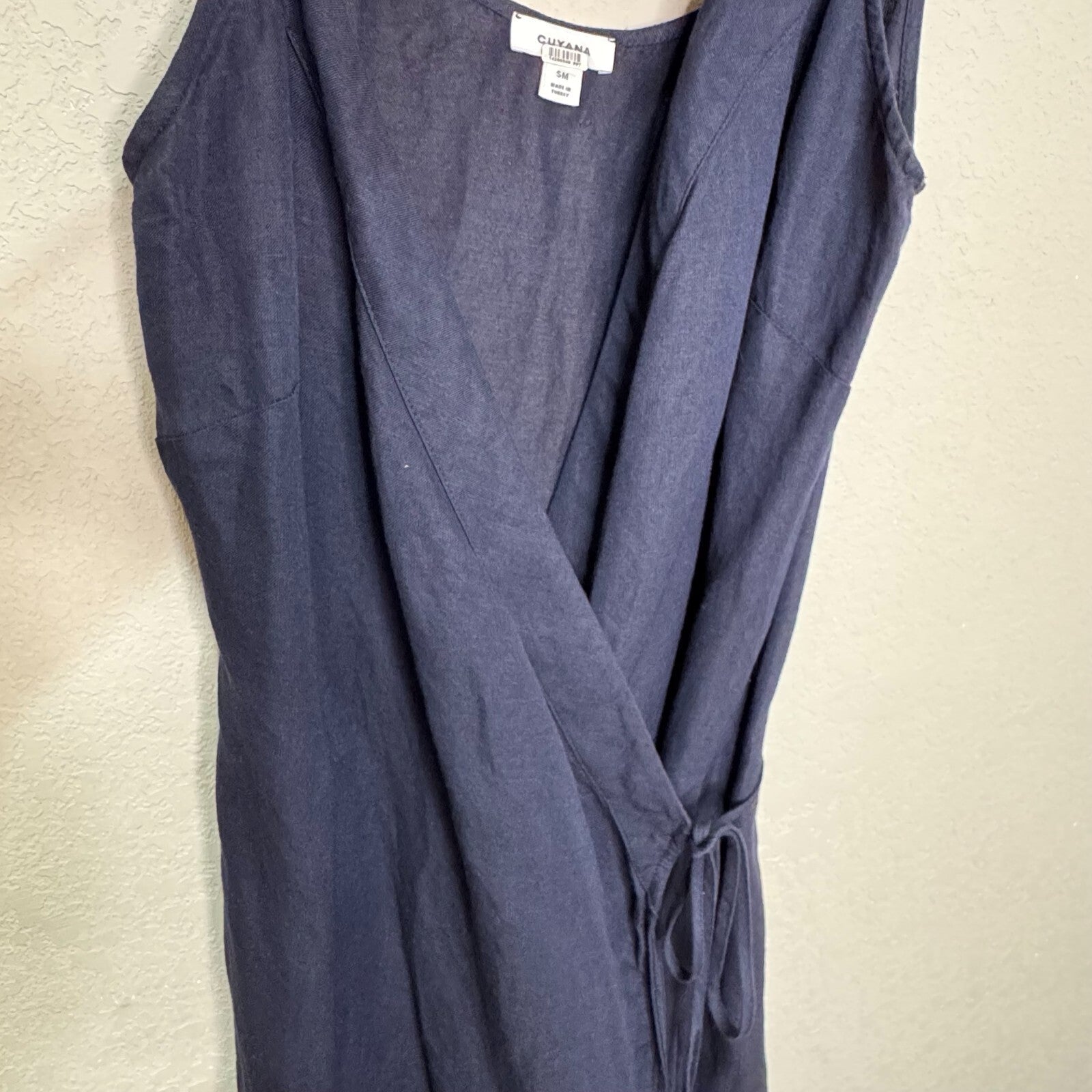 Cuyana Wrap Dress Size Small Navy Blue Linen Viscose Sleeveless - Flair - Style