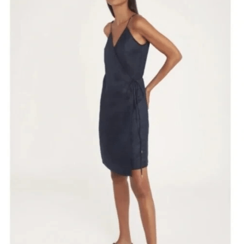 Cuyana Wrap Dress Size Small Navy Blue Linen Viscose Sleeveless - Flair - Style