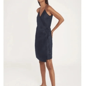 Cuyana Wrap Dress Size Small Navy Blue Linen Viscose Sleeveless - Flair - Style