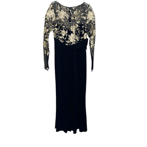 David Meister Dress Gown Size 6 Black Gold Lace Illusion Floral Bodice NEW - Flair - Style