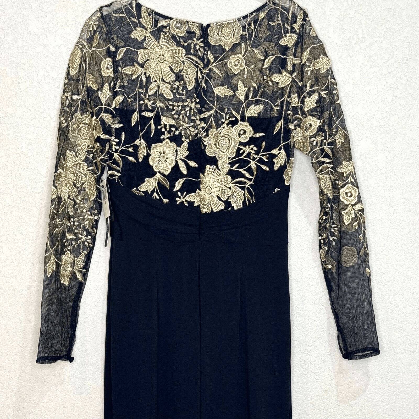 David Meister Dress Gown Size 6 Black Gold Lace Illusion Floral Bodice NEW - Flair - Style