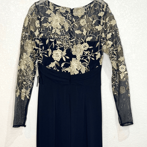 David Meister Dress Gown Size 6 Black Gold Lace Illusion Floral Bodice NEW - Flair - Style