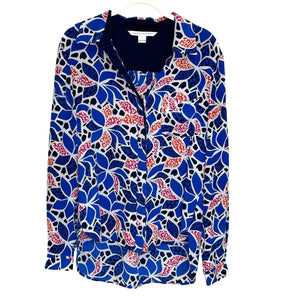 Diane Von Furstenburg DVF Blouse Shirt Size 4 Blue Silk Pattern Lorelei Two - Flair - Style