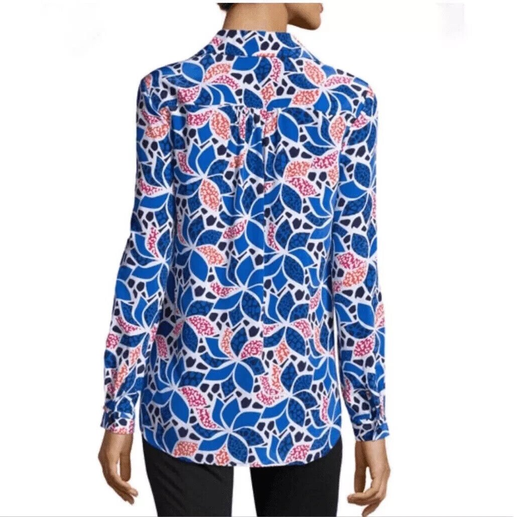 Diane Von Furstenburg DVF Blouse Shirt Size 4 Blue Silk Pattern Lorelei Two - Flair - Style