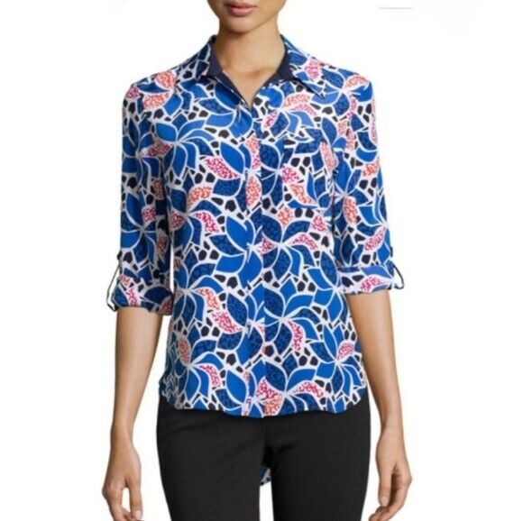 Diane Von Furstenburg DVF Blouse Shirt Size 4 Blue Silk Pattern Lorelei Two - Flair - Style