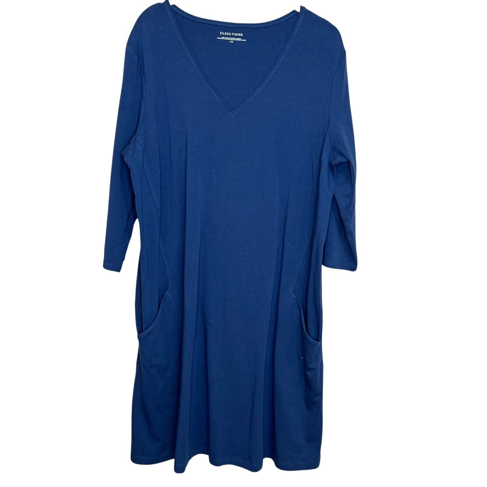 Eileen Fisher Dress Size Large Blue 3/4 Sleeve Organic - Cotton Stretch Jersey - Flair - Style