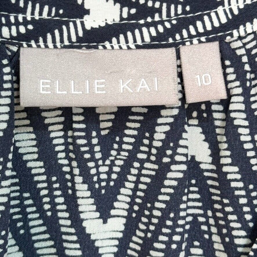 Ellie Kai Blue White Pattern Silk Long Sleeve Blouse Size 10 - Flair - Style