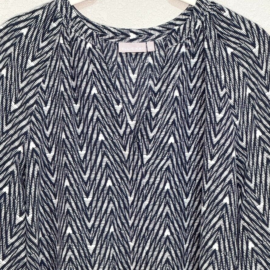 Ellie Kai Blue White Pattern Silk Long Sleeve Blouse Size 10 - Flair - Style