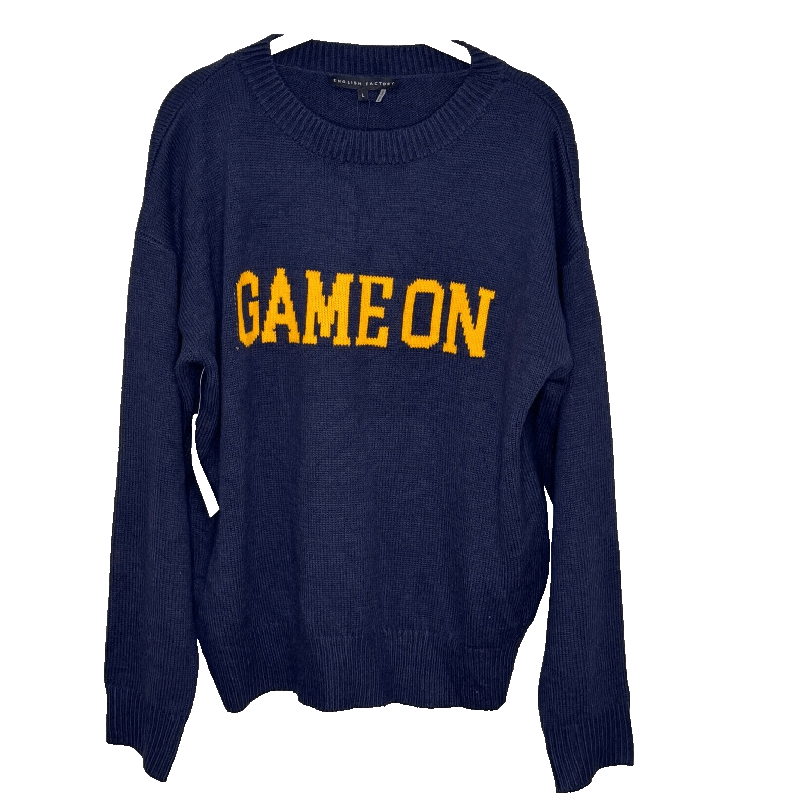 English Factory Game On Sweater Size Large Navy Blue Orange NEW $82 - Flair - Style