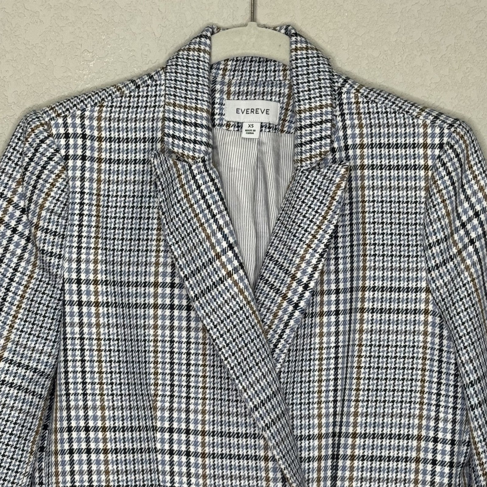 Evereve Blazer Womens XS Plaid Double Breasted Brown Blue Checkered Jacket Coat - Flair - Style