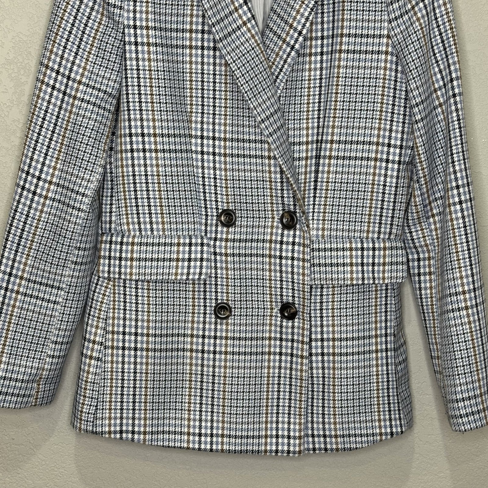Evereve Blazer Womens XS Plaid Double Breasted Brown Blue Checkered Jacket Coat - Flair - Style