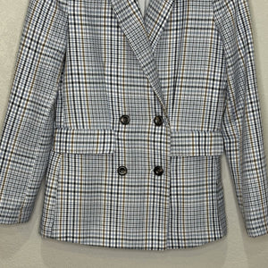 Evereve Blazer Womens XS Plaid Double Breasted Brown Blue Checkered Jacket Coat - Flair - Style
