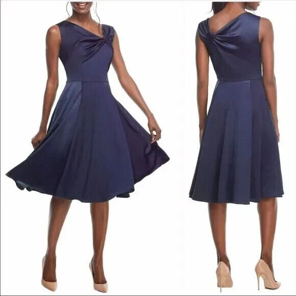 Gal Meets Glam Dress Size 6 Noelle Twist Navy Blue Asymmetrical Neckline - Flair - Style