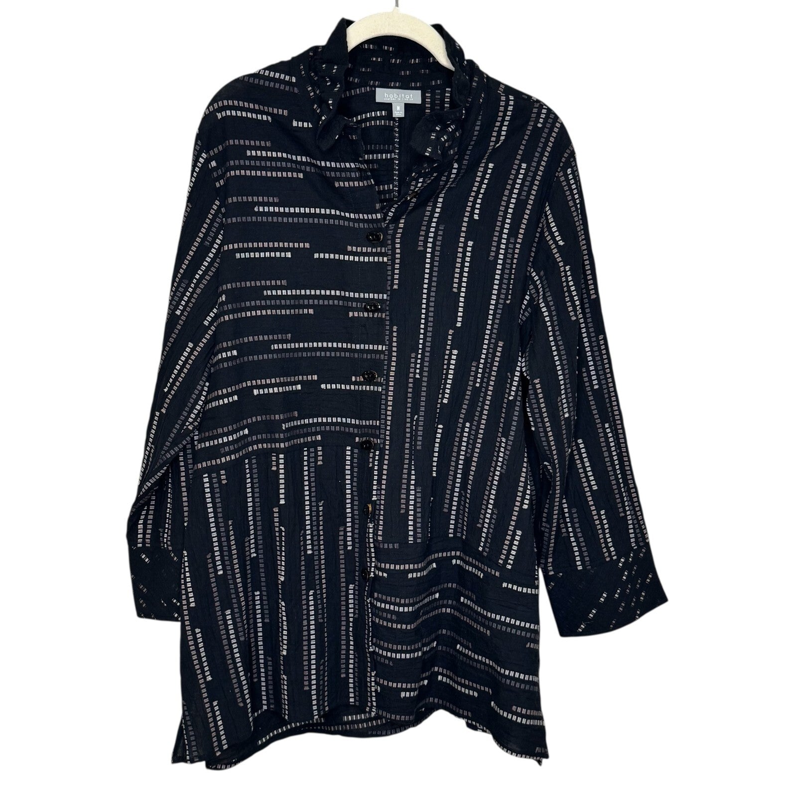 Habitat Blouse Shirt Size Medium Black White Print Wired Collar Artsy - Flair - Style