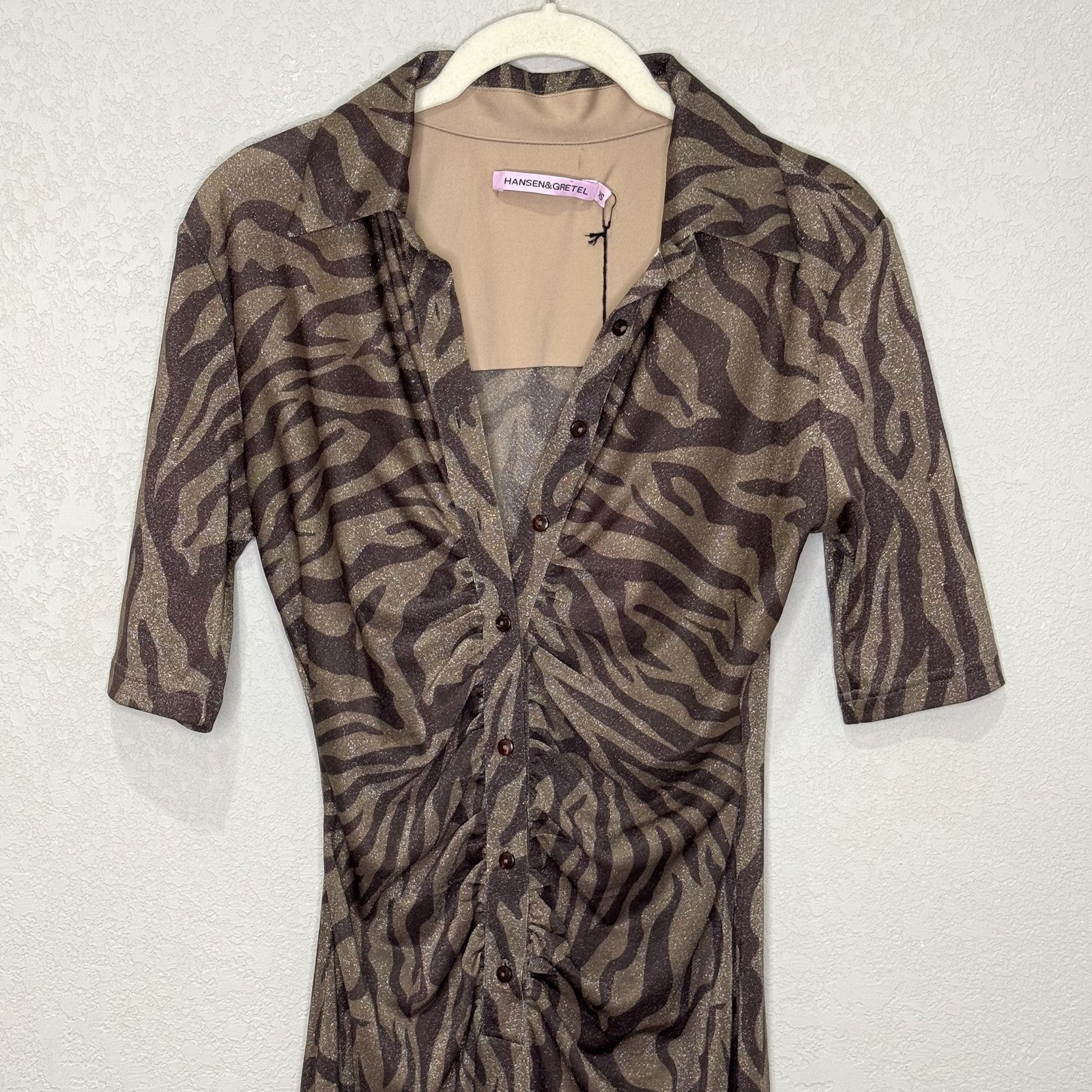 Hansen & Gretel Dress Womens XS Brown Zebra Print Valencia Midi Ruched Shimmer - Flair - Style