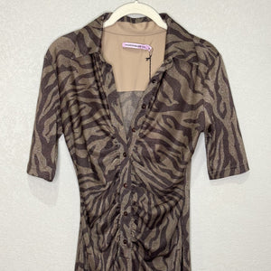 Hansen & Gretel Dress Womens XS Brown Zebra Print Valencia Midi Ruched Shimmer - Flair - Style