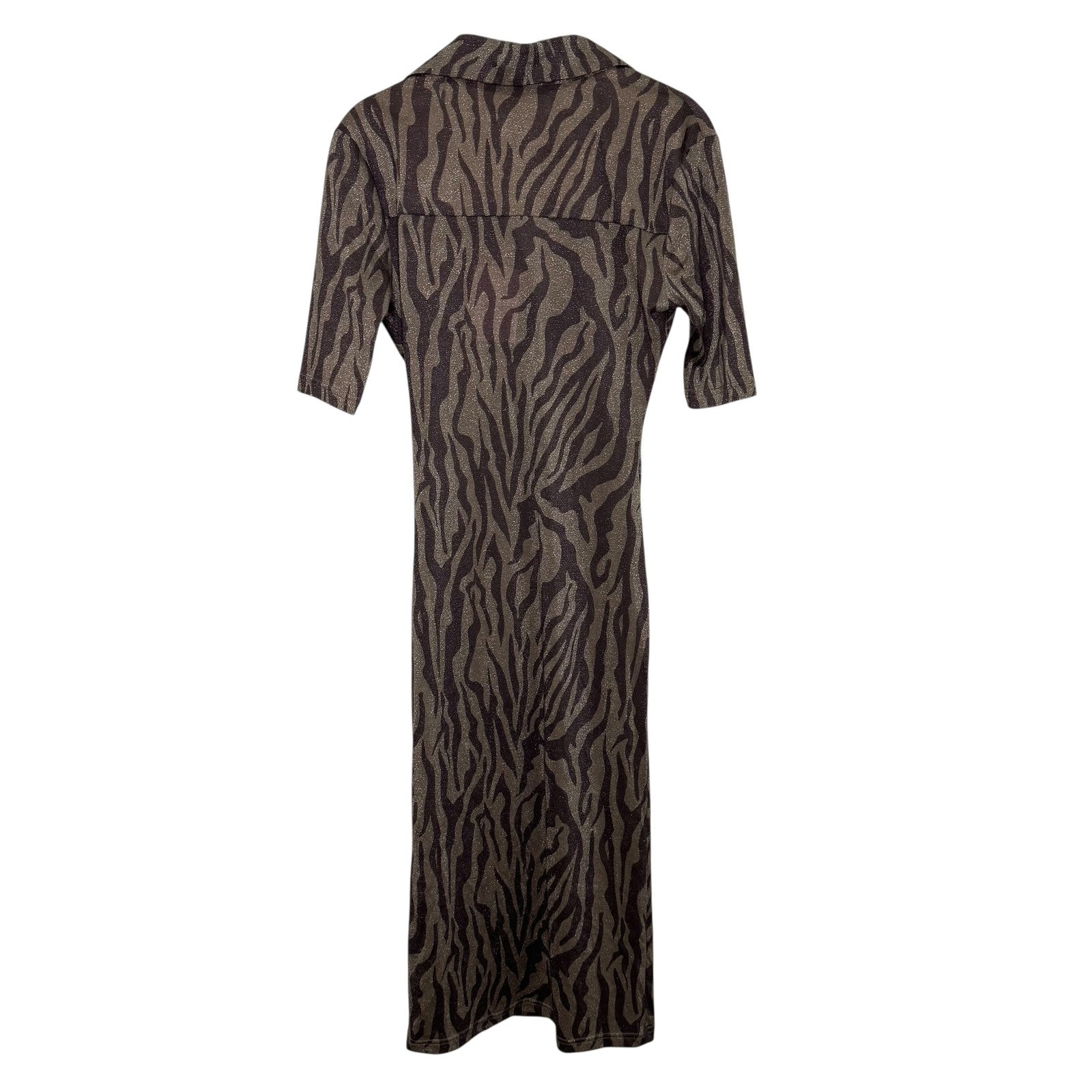 Hansen & Gretel Dress Womens XS Brown Zebra Print Valencia Midi Ruched Shimmer - Flair - Style