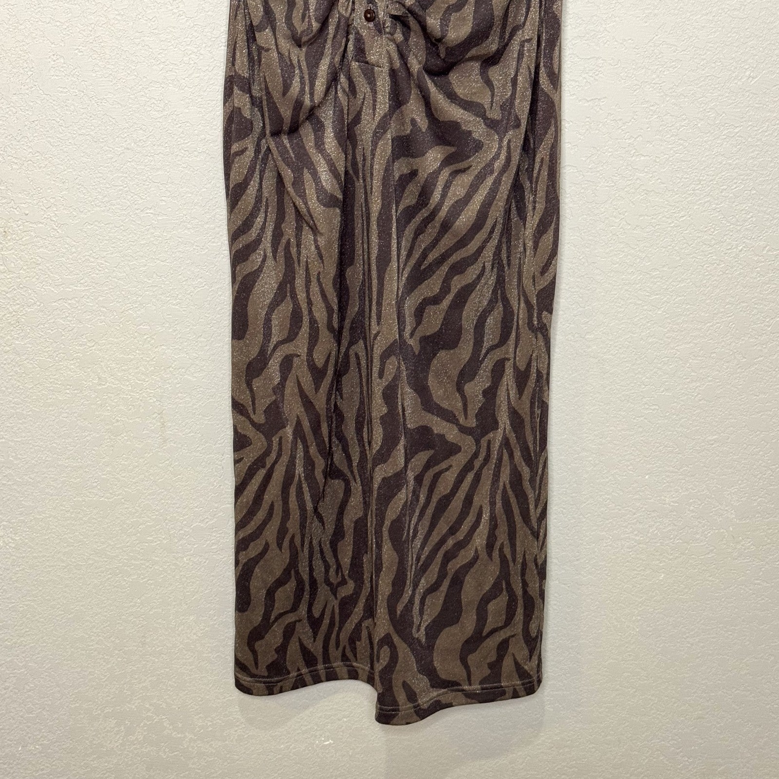 Hansen & Gretel Dress Womens XS Brown Zebra Print Valencia Midi Ruched Shimmer - Flair - Style