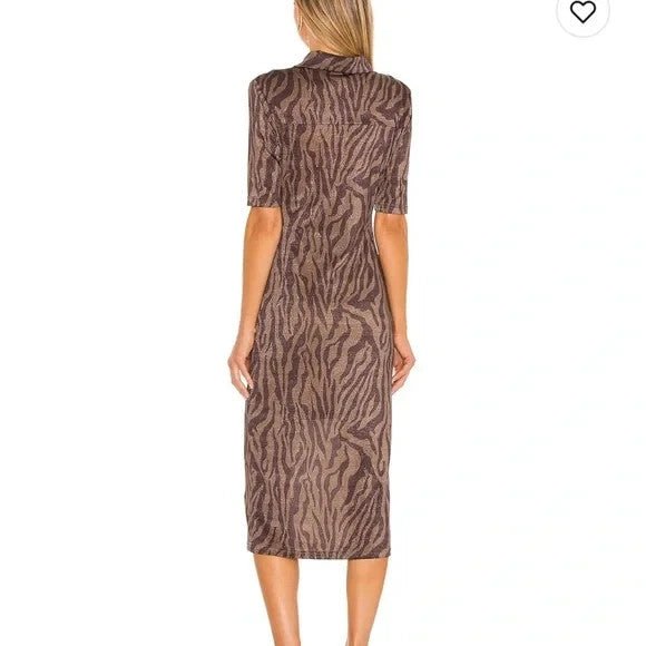 Hansen & Gretel Dress Womens XS Brown Zebra Print Valencia Midi Ruched Shimmer - Flair - Style