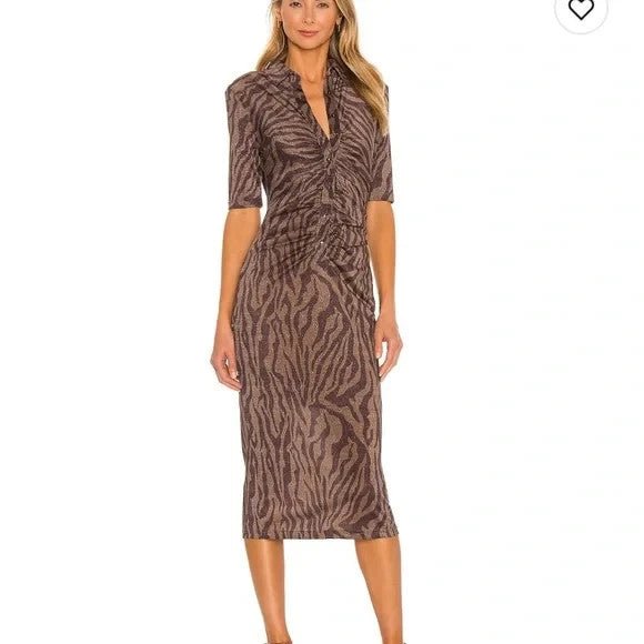 Hansen & Gretel Dress Womens XS Brown Zebra Print Valencia Midi Ruched Shimmer - Flair - Style