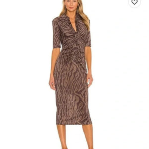 Hansen & Gretel Dress Womens XS Brown Zebra Print Valencia Midi Ruched Shimmer - Flair - Style