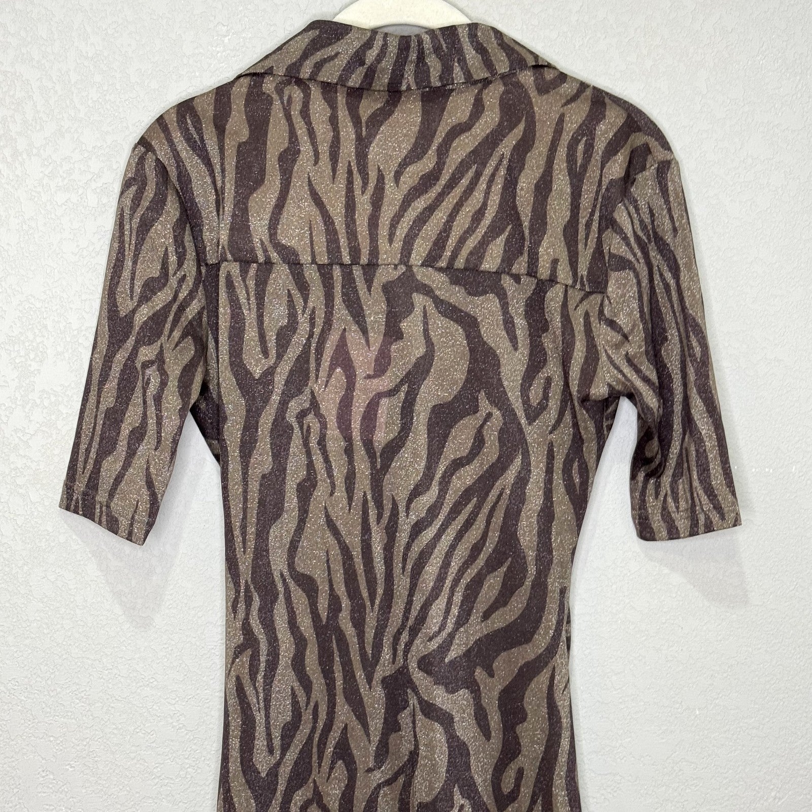 Hansen & Gretel Dress Womens XS Brown Zebra Print Valencia Midi Ruched Shimmer - Flair - Style