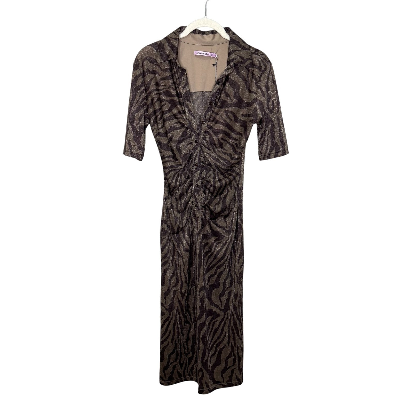 Hansen & Gretel Dress Womens XS Brown Zebra Print Valencia Midi Ruched Shimmer - Flair - Style
