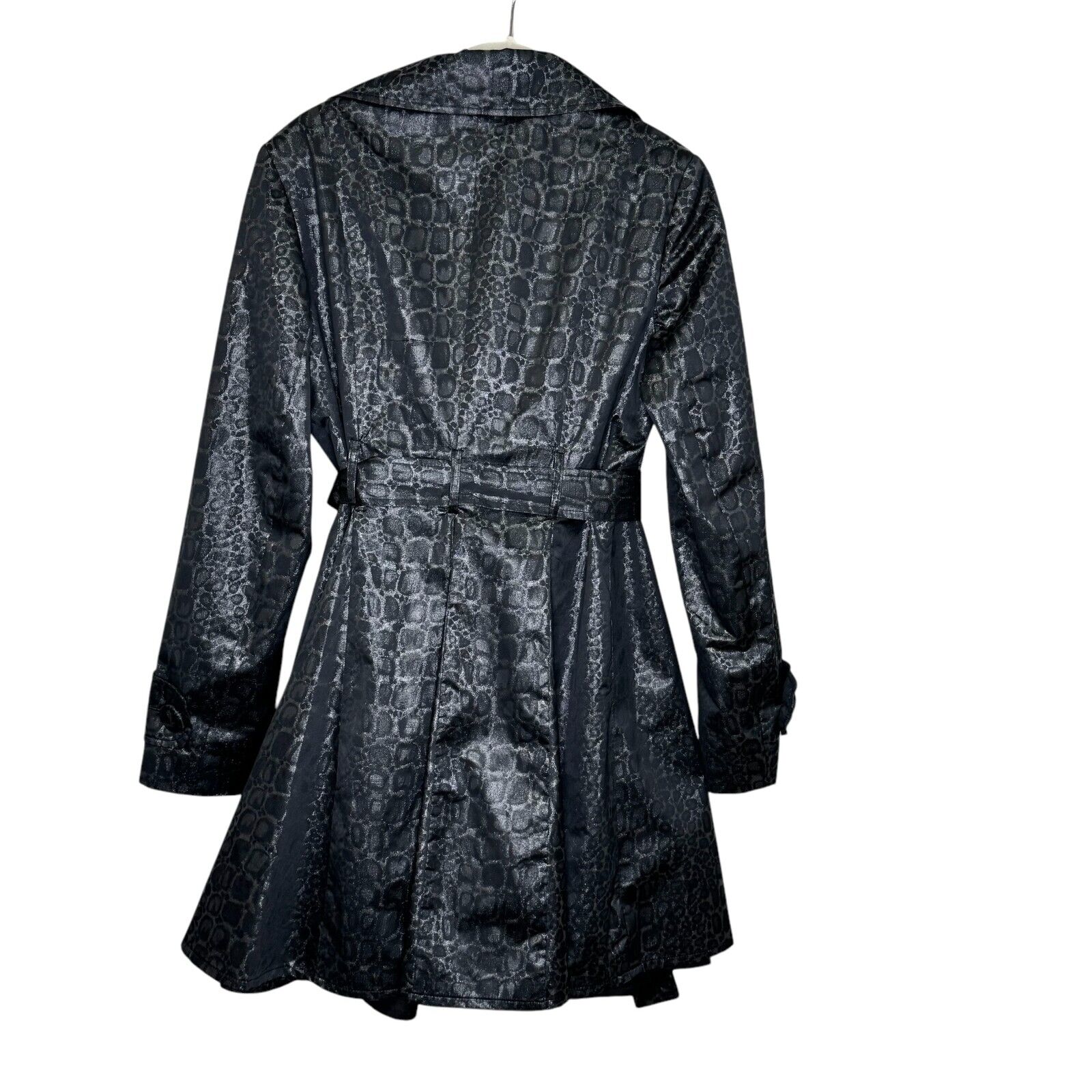 Helene Berman London Trench Coat Jacket Size XL Black Silver Belted Animal Print - Flair - Style