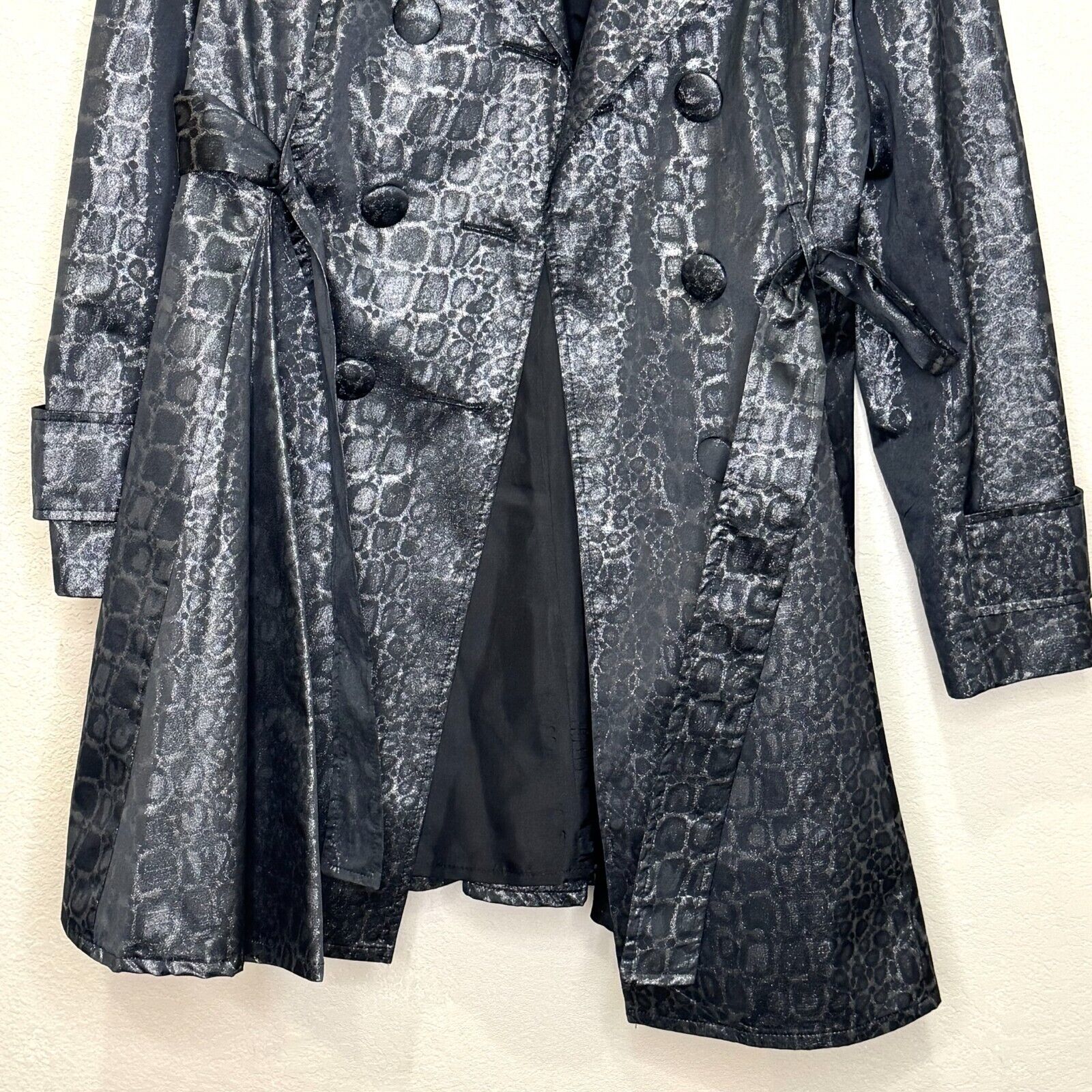 Helene Berman London Trench Coat Jacket Size XL Black Silver Belted Animal Print - Flair - Style