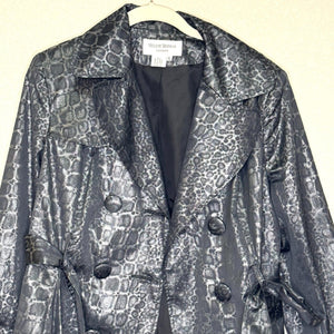 Helene Berman London Trench Coat Jacket Size XL Black Silver Belted Animal Print - Flair - Style