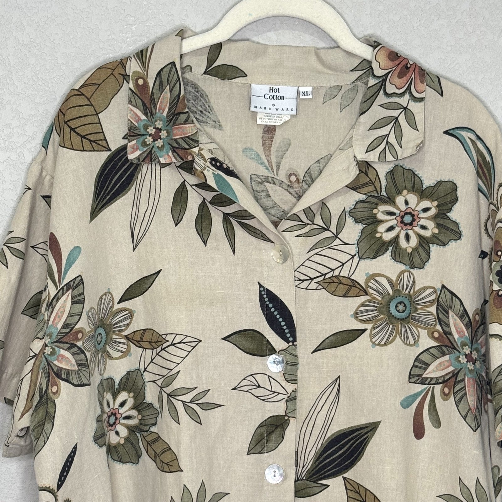 Hot Cotton by Marc Ware Shirt Womens XL Beige Floral Print Button Up Linen Top - Flair - Style