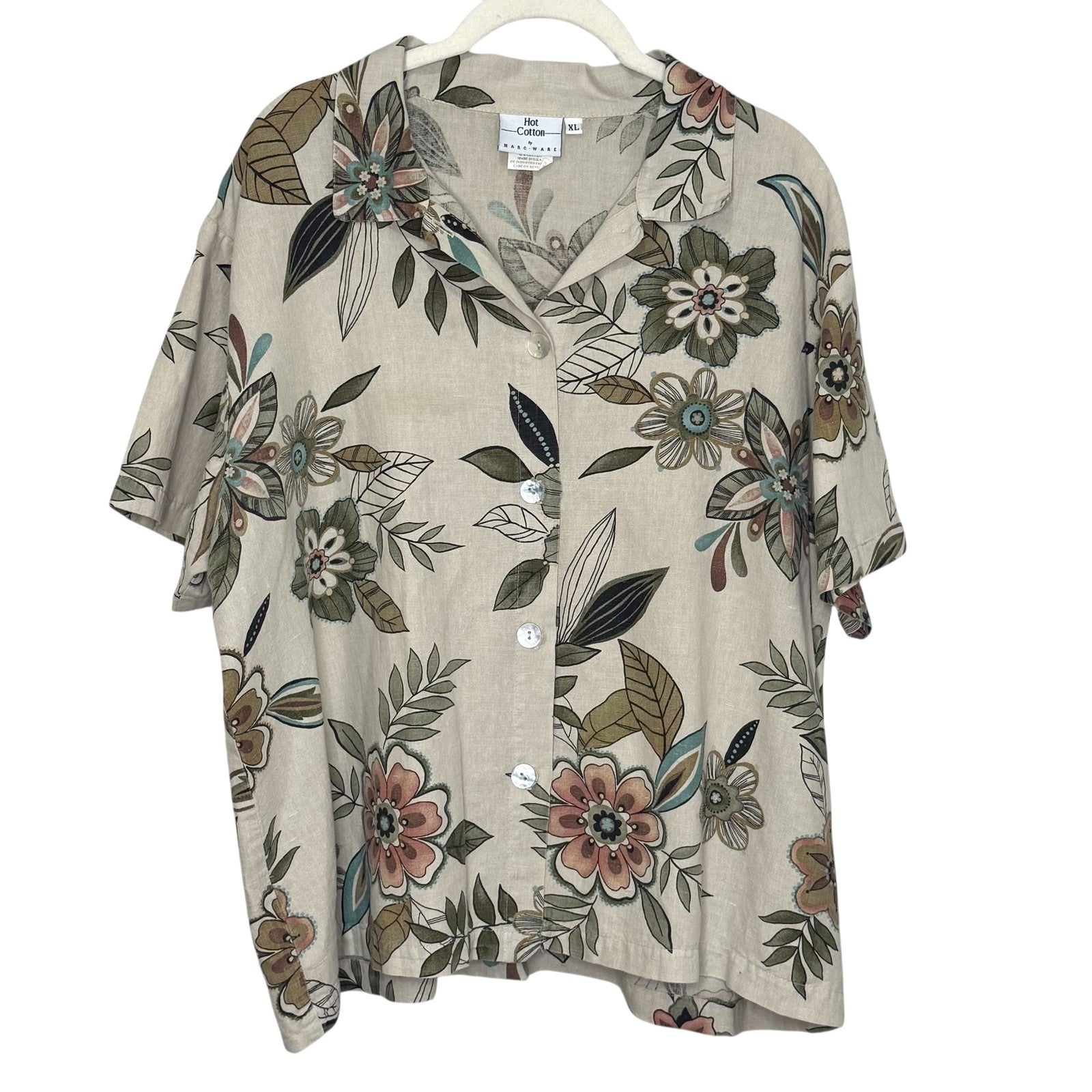 Hot Cotton by Marc Ware Shirt Womens XL Beige Floral Print Button Up Linen Top - Flair - Style