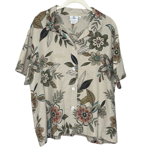 Hot Cotton by Marc Ware Shirt Womens XL Beige Floral Print Button Up Linen Top - Flair - Style