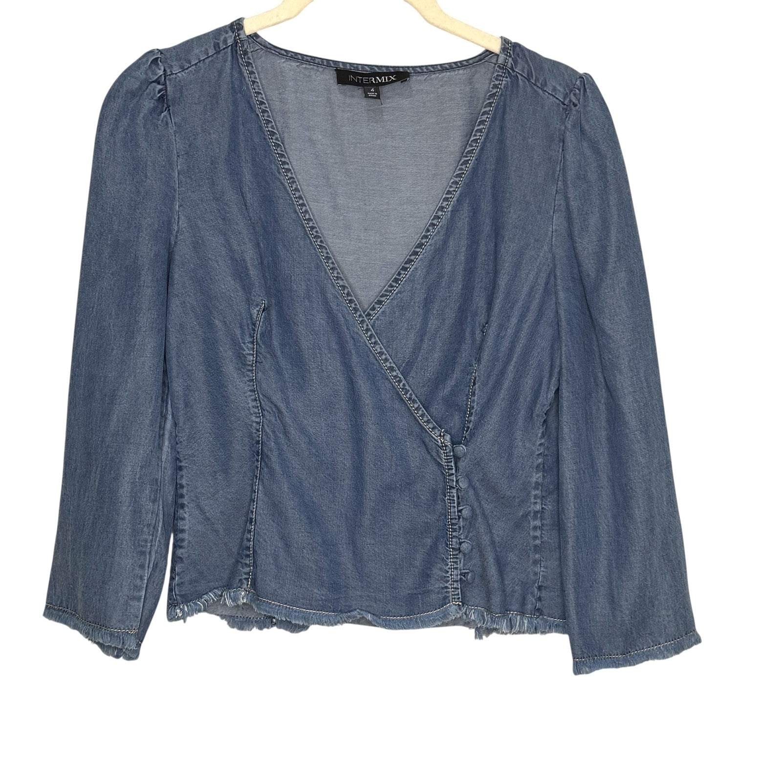 Intermix Wrap Top Womens 4 Long Sleeve Chambray Frayed Hem Lyocell Blouse Denim - Flair - Style
