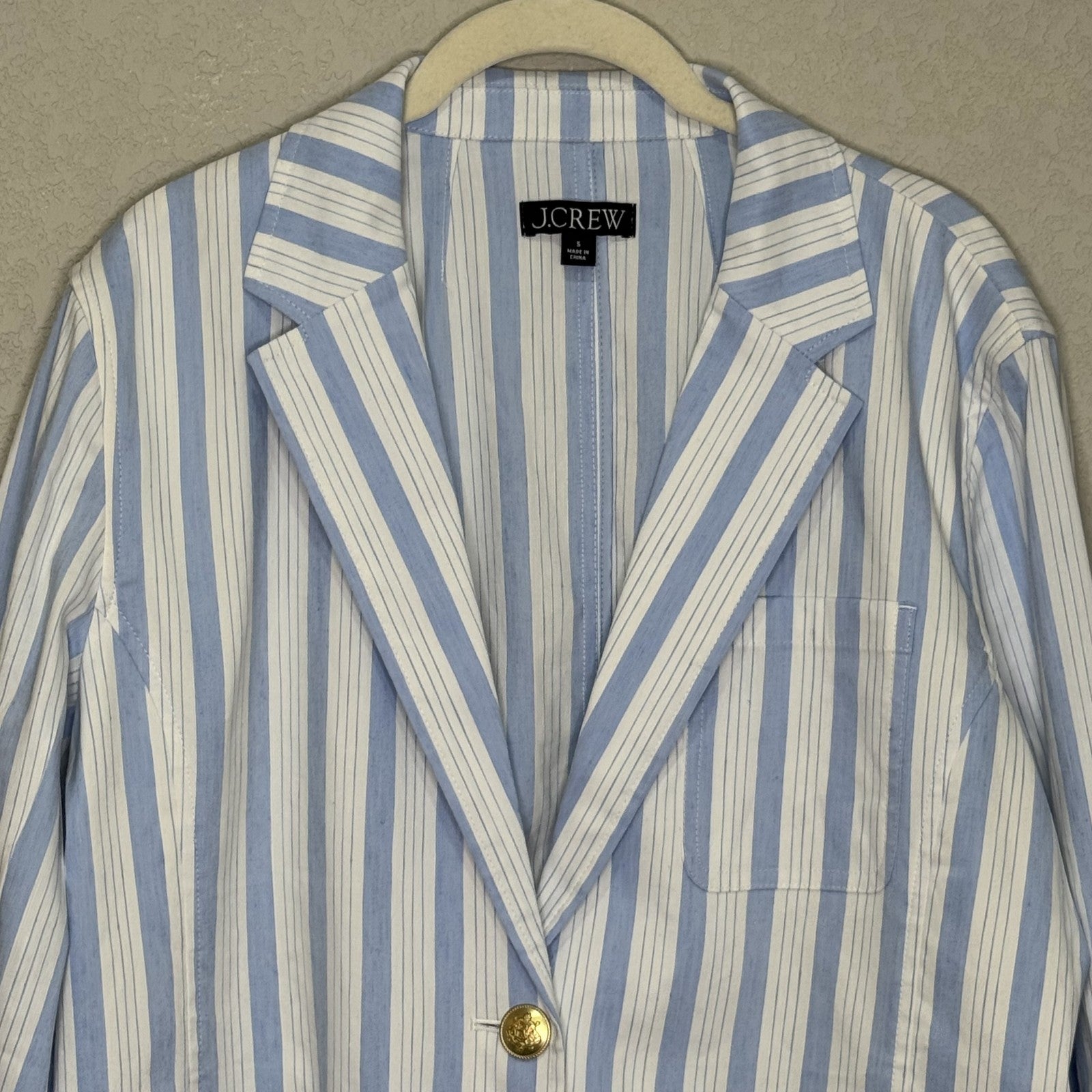 J Crew Blazer Womens Small Blue White Striped Linen Blend Gold Button BZ867 - Flair - Style