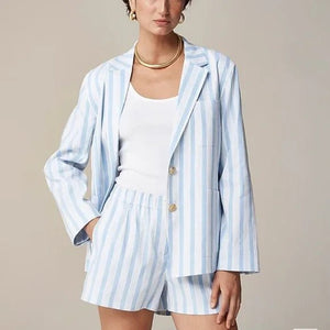 J Crew Blazer Womens Small Blue White Striped Linen Blend Gold Button BZ867 - Flair - Style