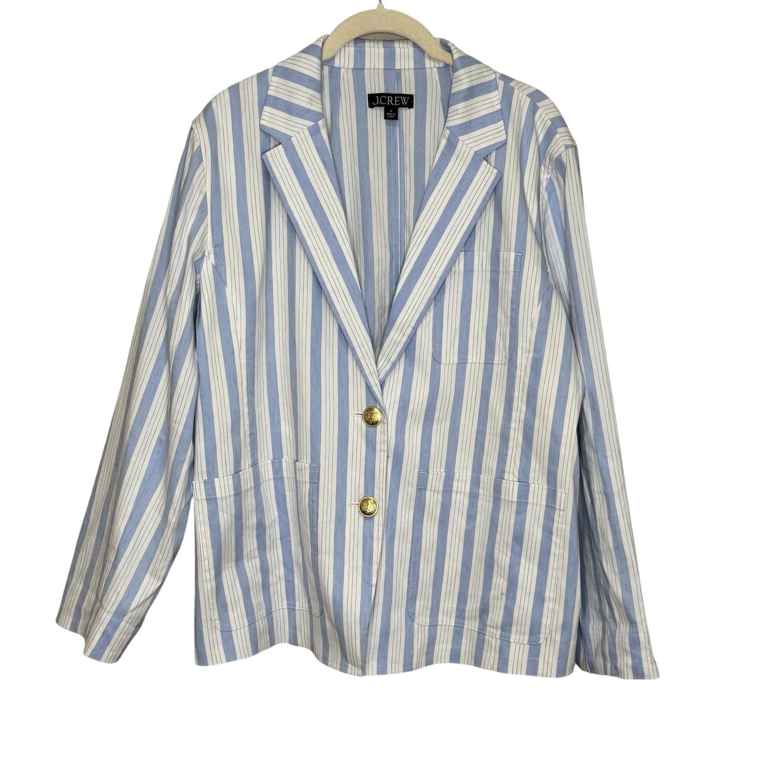 J Crew Blazer Womens Small Blue White Striped Linen Blend Gold Button BZ867 - Flair - Style