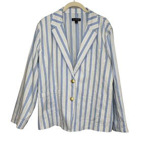 J Crew Blazer Womens Small Blue White Striped Linen Blend Gold Button BZ867 - Flair - Style