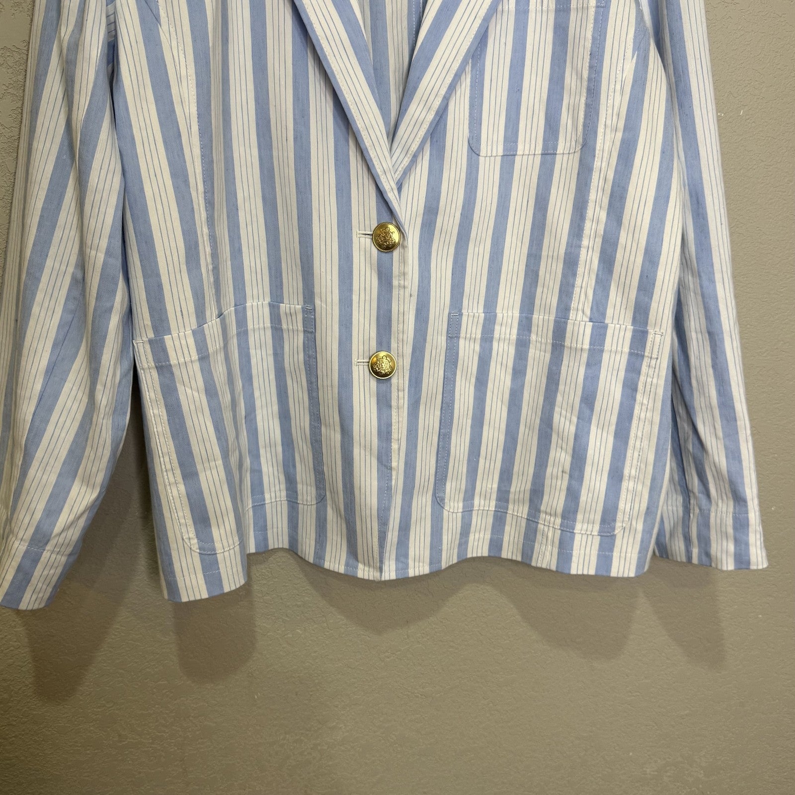 J Crew Blazer Womens Small Blue White Striped Linen Blend Gold Button BZ867 - Flair - Style